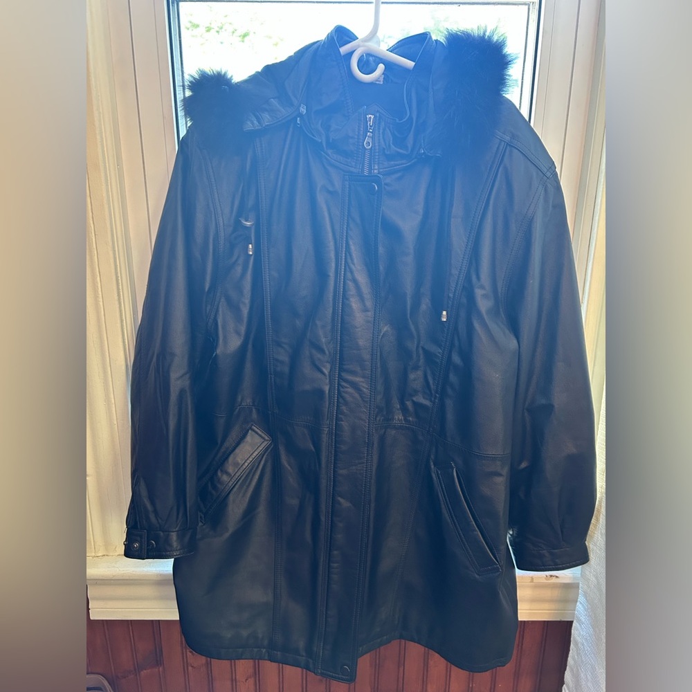Vintage Field Gear XL Leather Coat / Jacket - Fox Fur Removable Hood